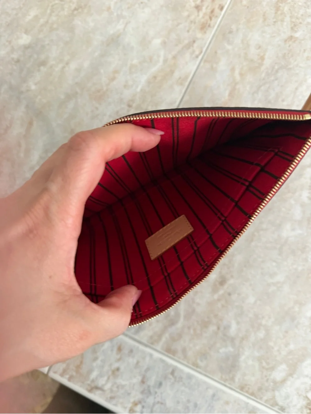Louis Vuitton Monogram Wristlet Pouch with Red Trim and Tan Strap